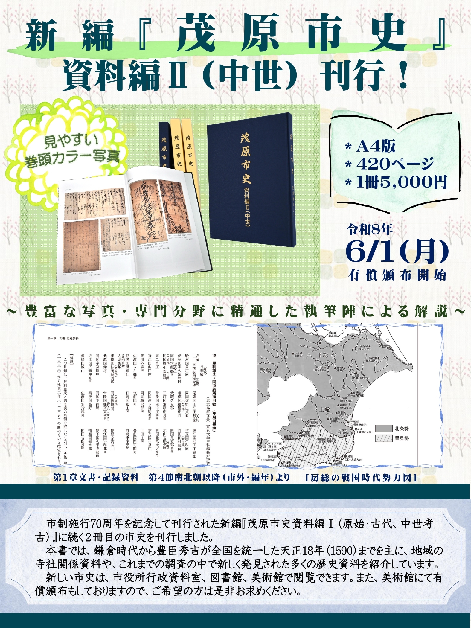 『茂原市史 資料編Ⅱ(中世)』刊行のご案内チラシ表面です。表紙と見開きの写真を掲載しています。